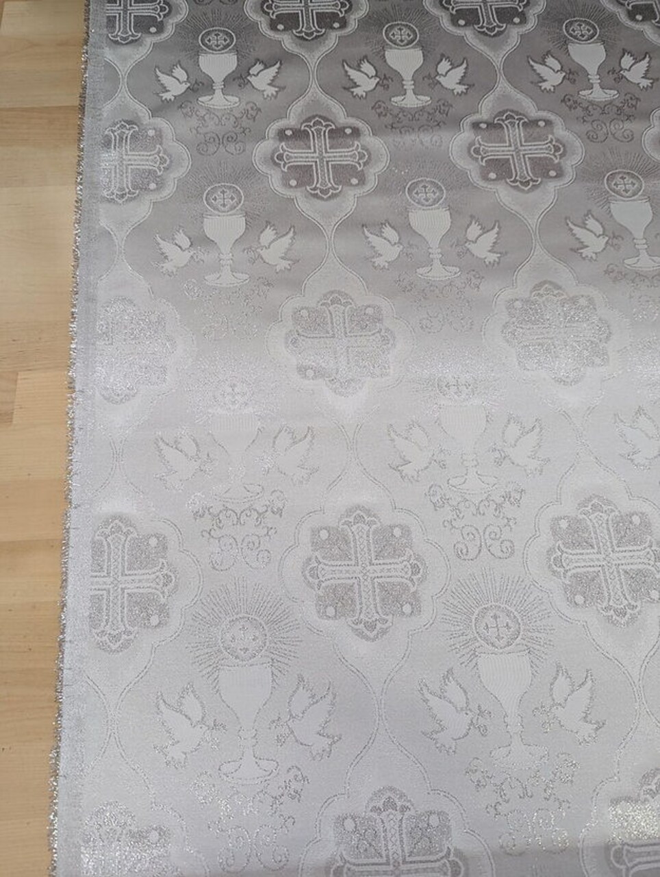 1 Yard Silver Church Metallic Cross Brocade Fabric with Shiny Jacquard Design 58/59 Inches Width